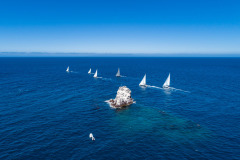 aerial shot of boats sailing at catalina island