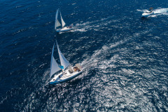 aerial shot of boats sailing at catalina island