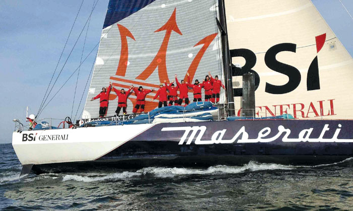 Record Run -- Skipper Giovanni Soldini and his eight-member crew sailed the 70-foot Maserati from New York to San Francisco in a record 47 days, two hours and 33 minutes. -- Bjoern Kils photo courtesy of Maserati